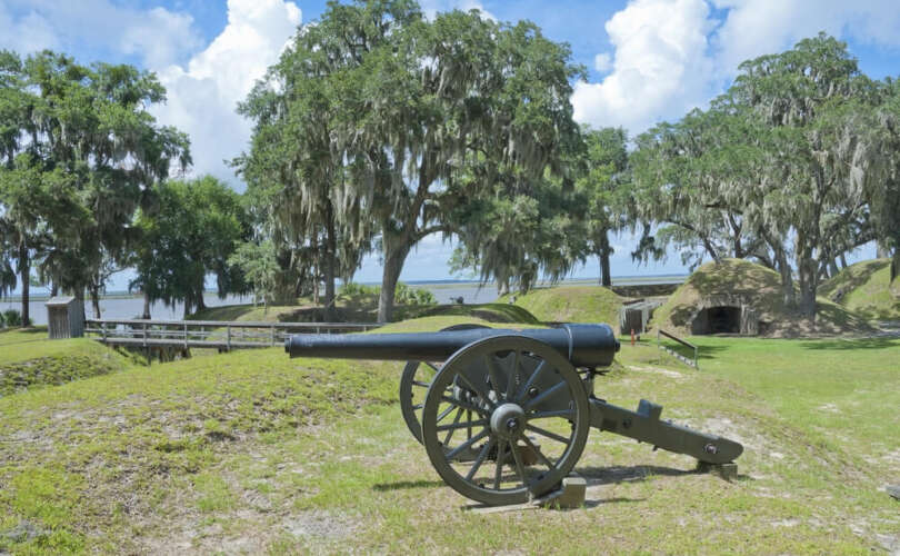 A cannon on the grounds of Fort McAllister State Park, one of the top things to do and see in Richmond Hill, GA.